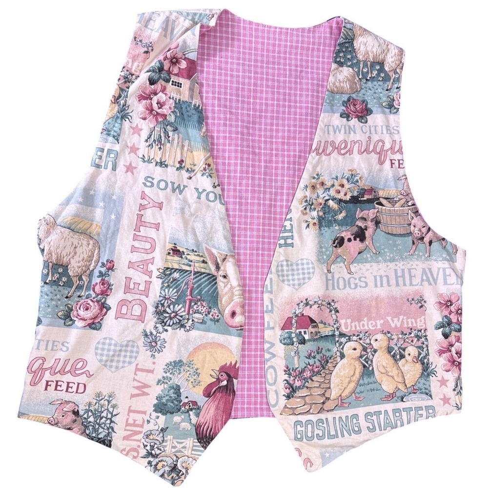 Vintage Handmade Farm Animal Vest Women Large Cottage Prairie Folk Novelty Indie